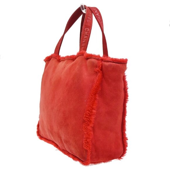 CHANEL CC Logo Hand Tote Bag Suede Shearling Fur Red GHW France 86KA838 - Picture 2 of 15